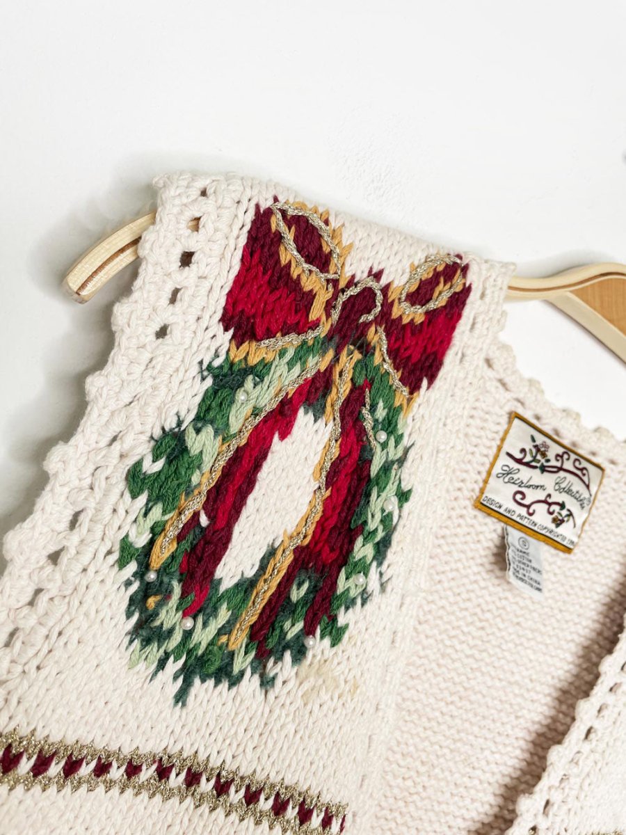 vintage 90s heirloom collectibles crochet trim holiday knit vest - good market thrift store