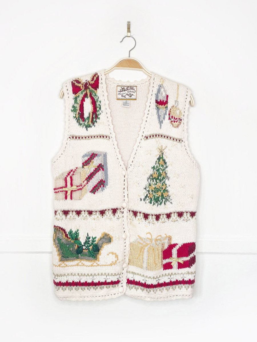 vintage 90s heirloom collectibles crochet trim holiday knit vest - good market thrift store