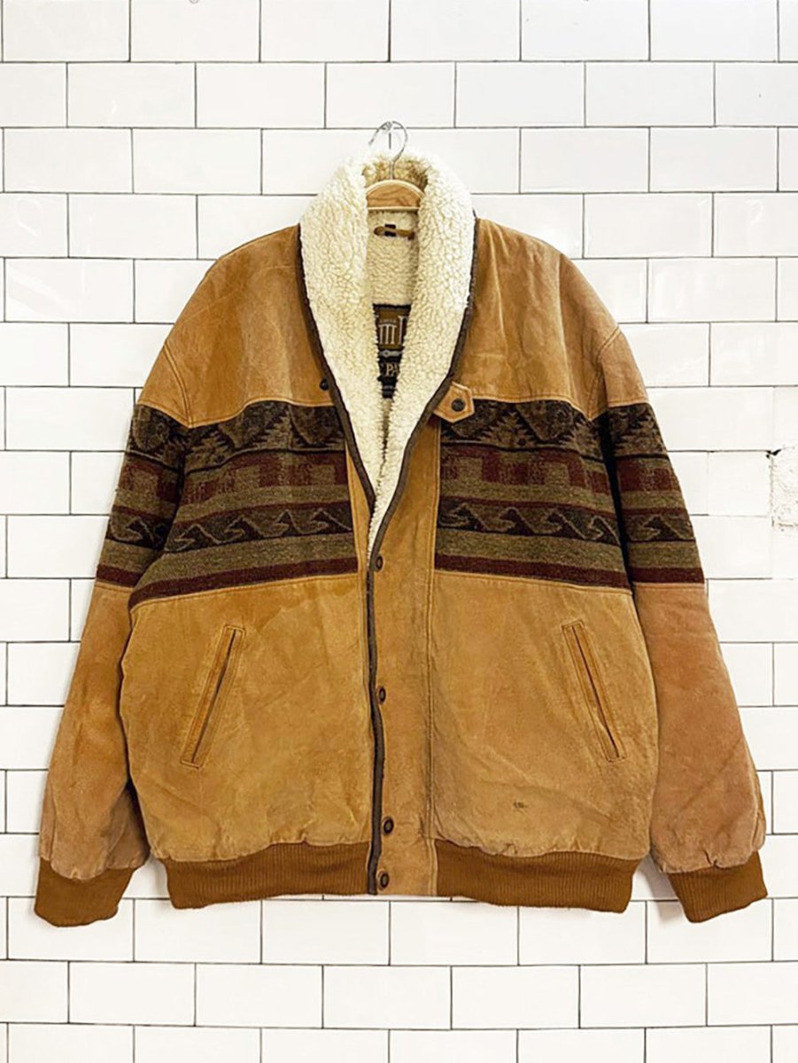 vintage 90s hide park suede sherpa collar western bomber jacket - good market thrift store