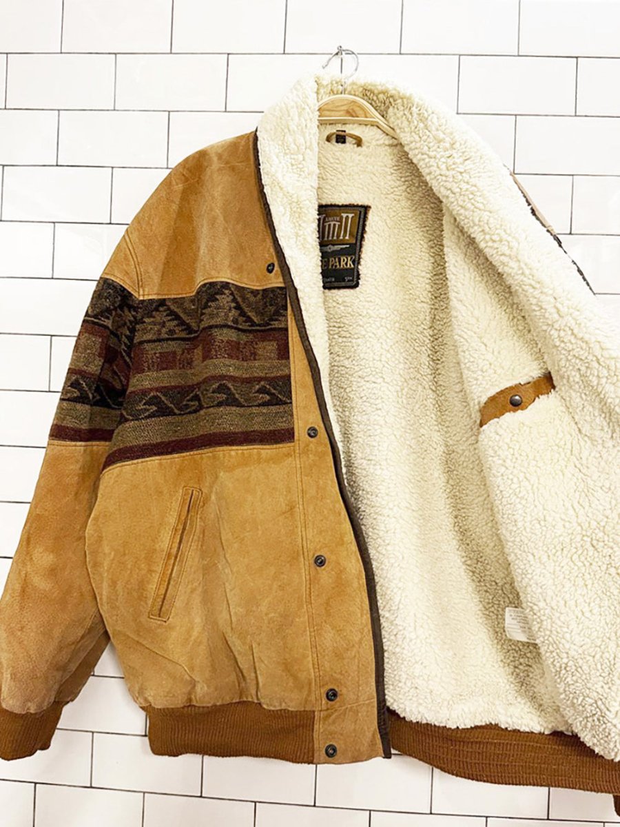 vintage 90s hide park suede sherpa collar western bomber jacket - good market thrift store