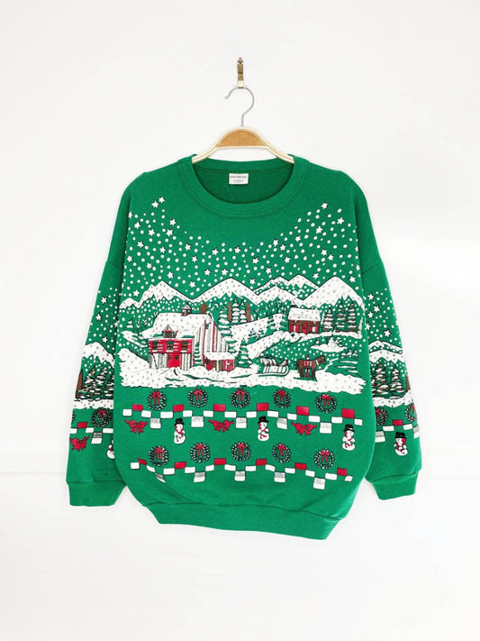 vintage 90s holiday village scene puff graphic sweatshirt | made in USA | collections plus - good market thrift store