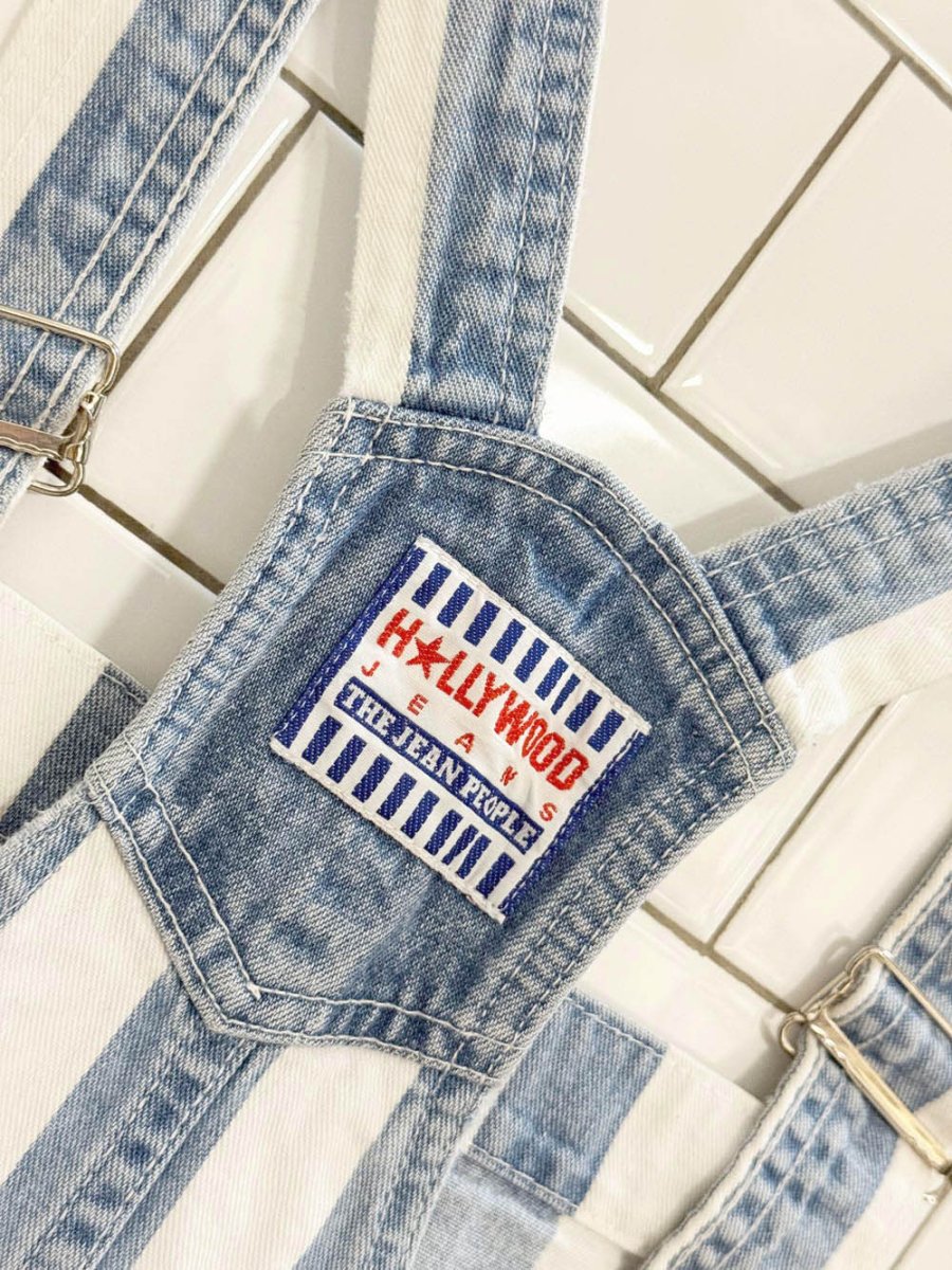 vintage 90s hollywood jeans blue stripe denim overall shorts | made in Canada - good market thrift store