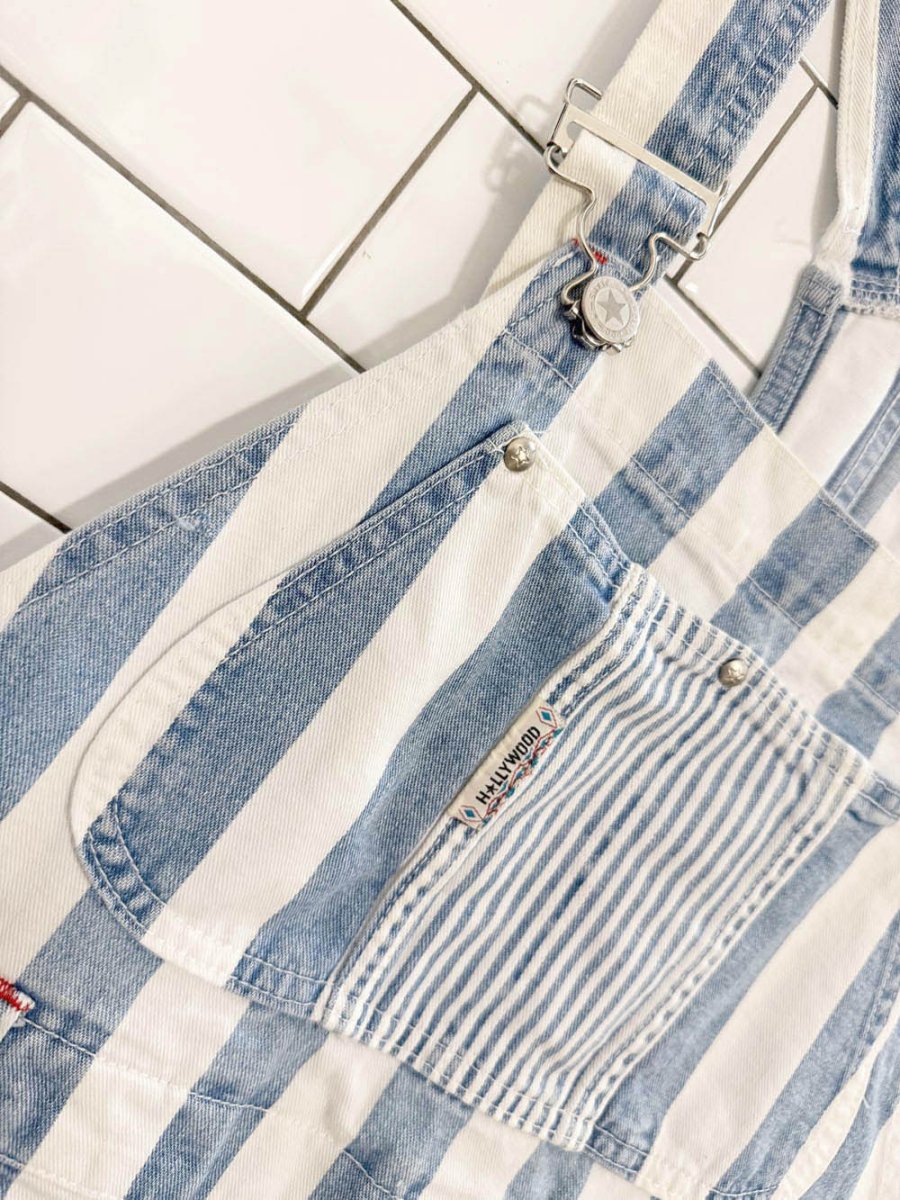 vintage 90s hollywood jeans blue stripe denim overall shorts | made in Canada - good market thrift store