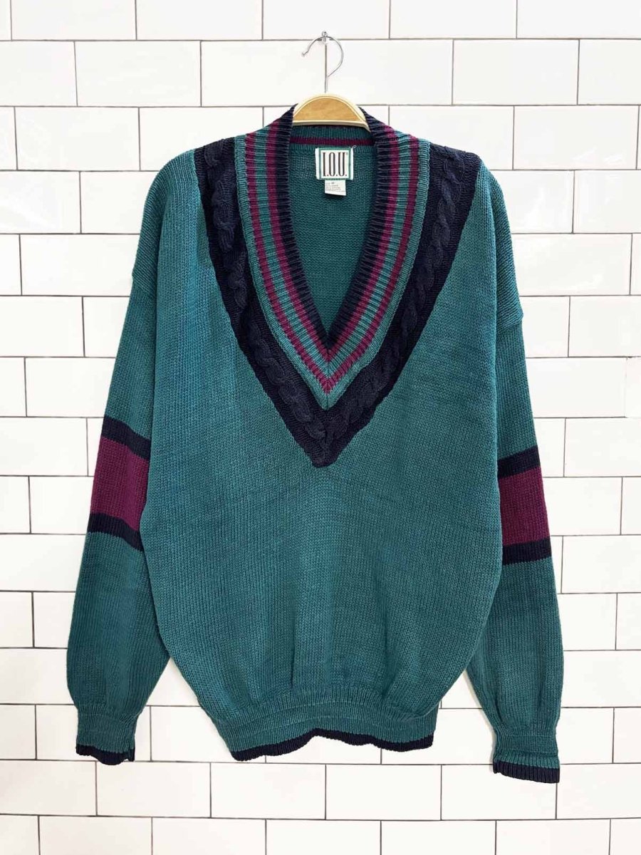 vintage 90s IOU cable knit v - neck sweater - good market thrift store