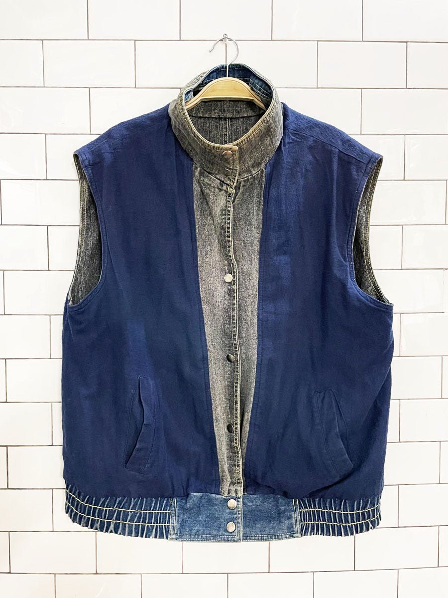 vintage 90s izzi snap button two - tone denim reversible flannel vest - good market thrift store