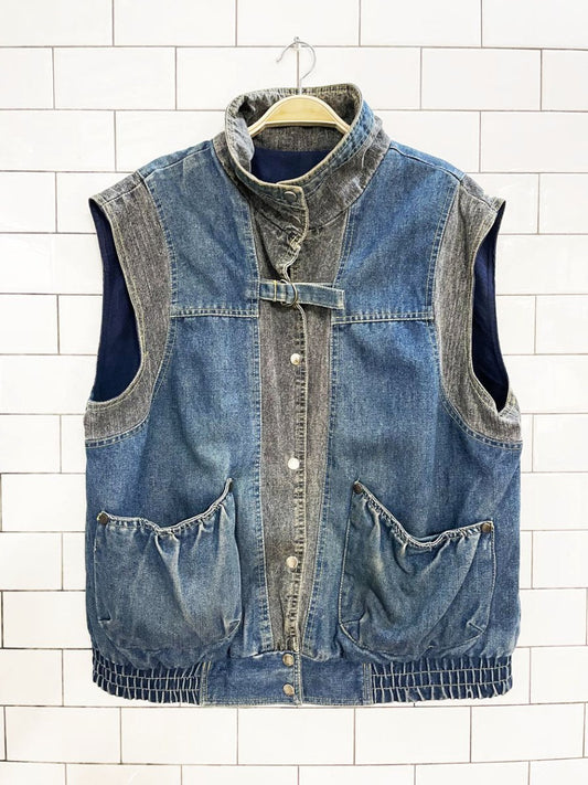 vintage 90s izzi snap button two - tone denim reversible flannel vest - good market thrift store