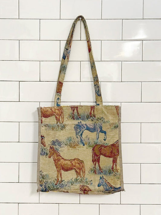 vintage 90s jade woven horses tote bag - good market thrift store
