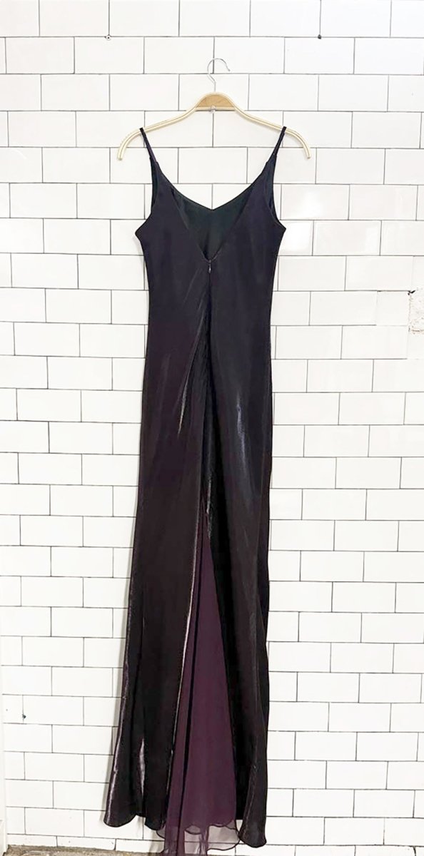 vintage 90s jessica metallic satin chiffon trail maxi dress | made in Canada - good market thrift store