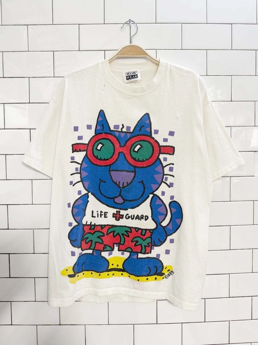 vintage 90s jkb lifeguard cat art graphic tee | made in USA - good market thrift store