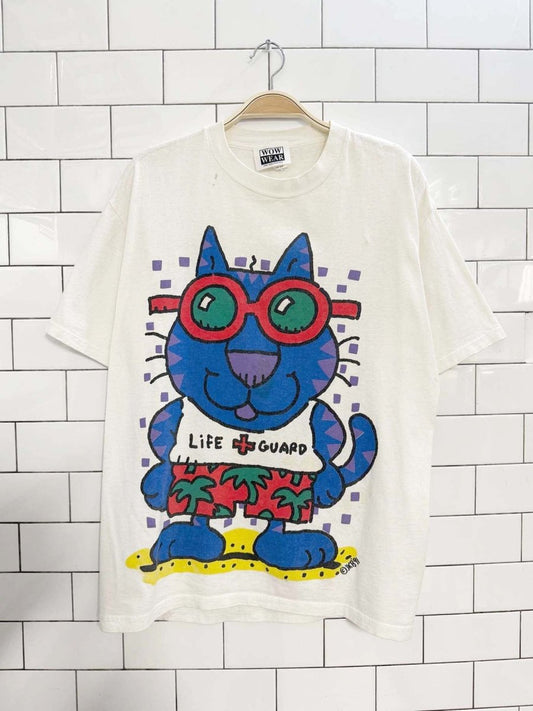 vintage 90s jkb lifeguard cat art graphic tee | made in USA - good market thrift store