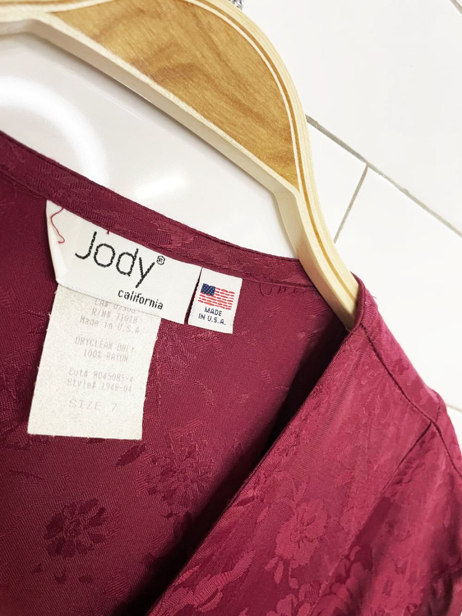 vintage 90s jody california satin brocade flutter sleeve full button a-line maxi dress | made in USA - good market thrift store