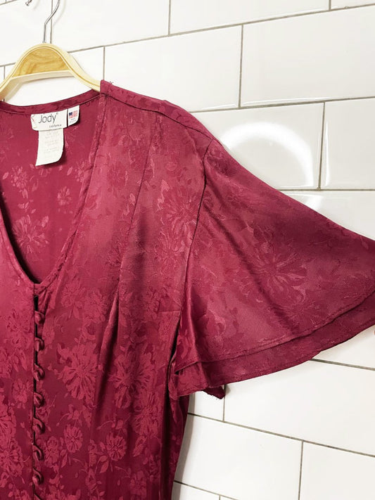 vintage 90s jody california satin brocade flutter sleeve full button a-line maxi dress | made in USA - good market thrift store