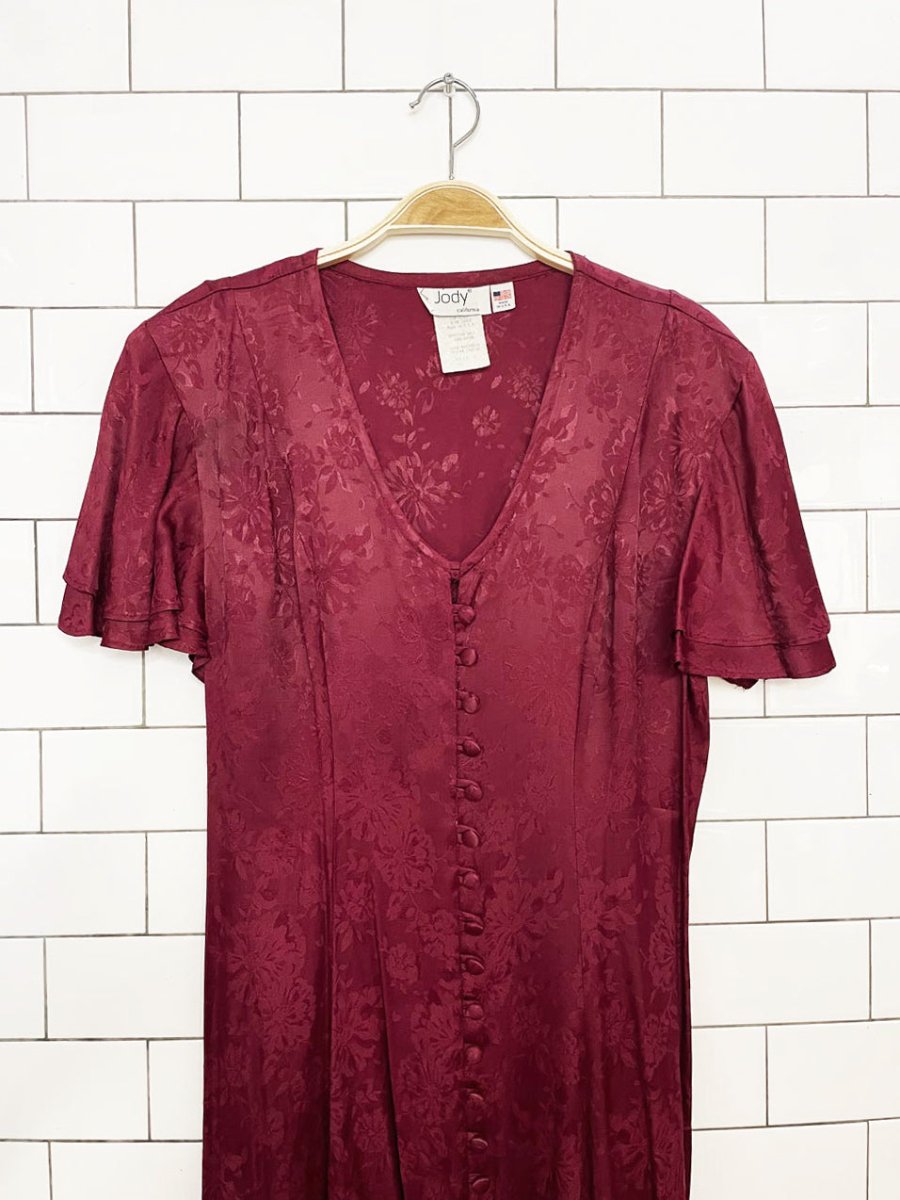 vintage 90s jody california satin brocade flutter sleeve full button a-line maxi dress | made in USA - good market thrift store