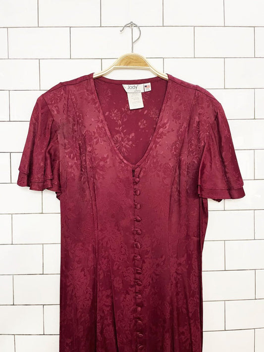 vintage 90s jody california satin brocade flutter sleeve full button a-line maxi dress | made in USA - good market thrift store