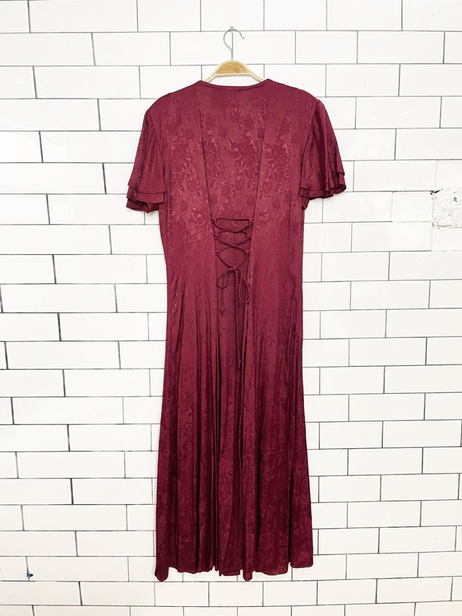 vintage 90s jody california satin brocade flutter sleeve full button a-line maxi dress | made in USA - good market thrift store