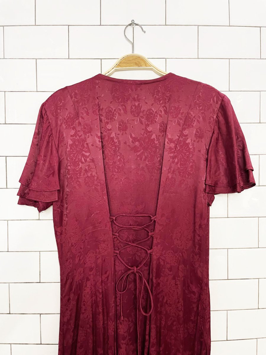 vintage 90s jody california satin brocade flutter sleeve full button a-line maxi dress | made in USA - good market thrift store