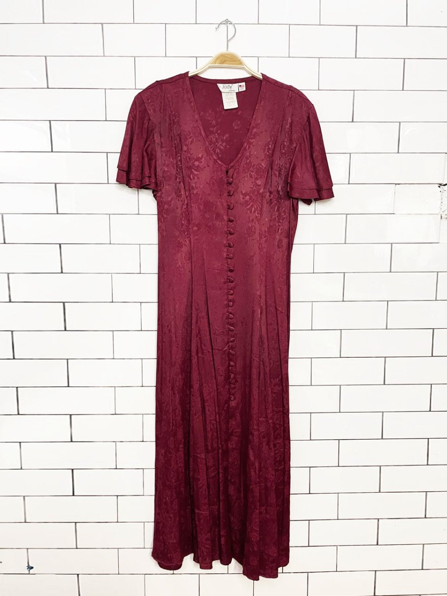 vintage 90s jody california satin brocade flutter sleeve full button a-line maxi dress | made in USA - good market thrift store