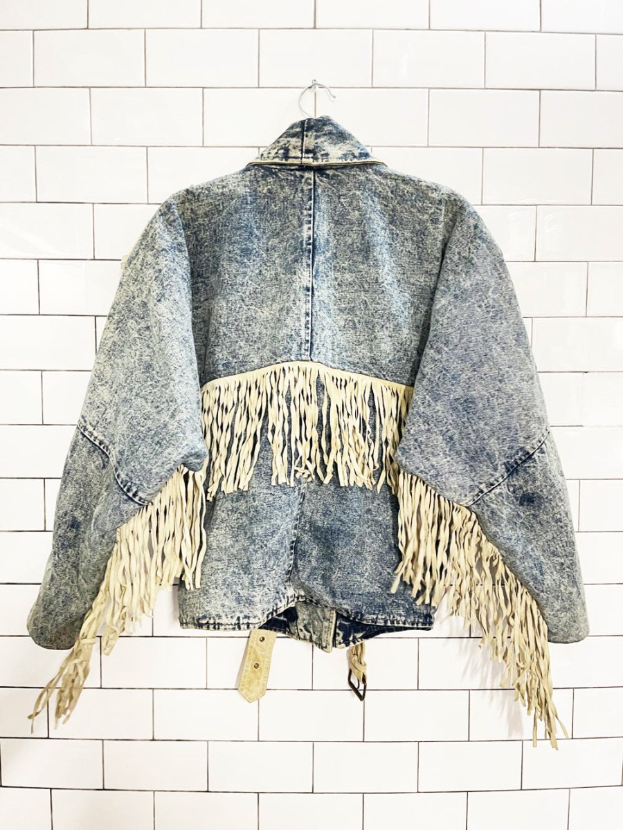 vintage 90s jonathan christopher suede fringe acid wash denim jacket - good market thrift store