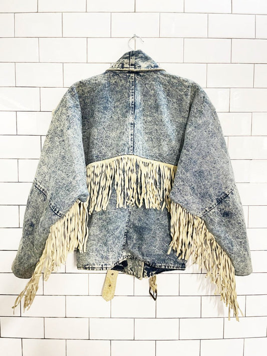 vintage 90s jonathan christopher suede fringe acid wash denim jacket - good market thrift store