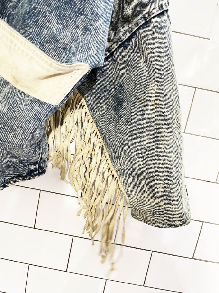 vintage 90s jonathan christopher suede fringe acid wash denim jacket - good market thrift store