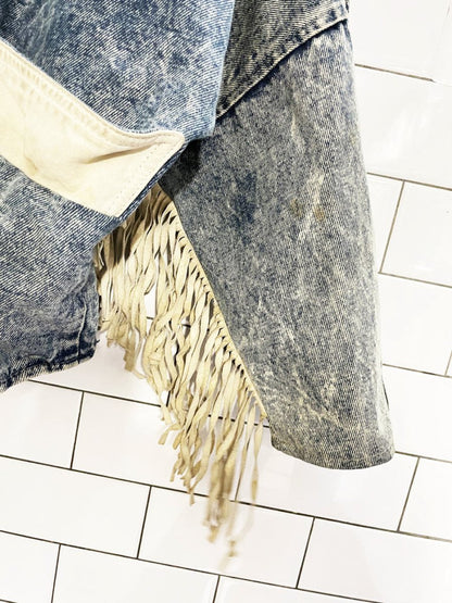 vintage 90s jonathan christopher suede fringe acid wash denim jacket - good market thrift store