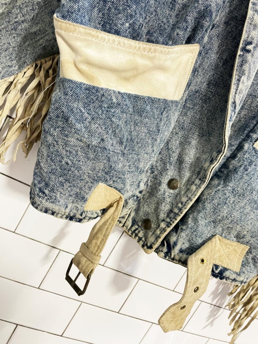 vintage 90s jonathan christopher suede fringe acid wash denim jacket - good market thrift store