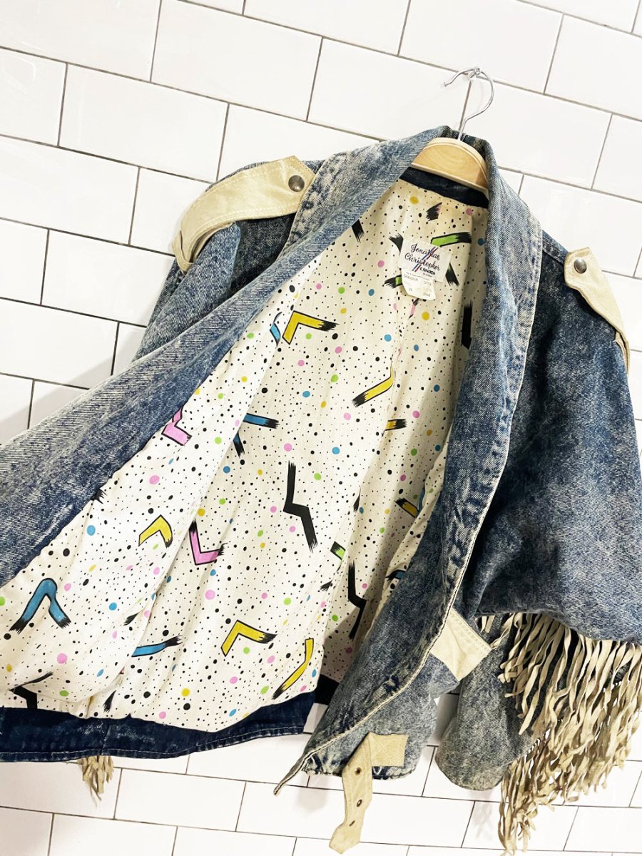 vintage 90s jonathan christopher suede fringe acid wash denim jacket - good market thrift store