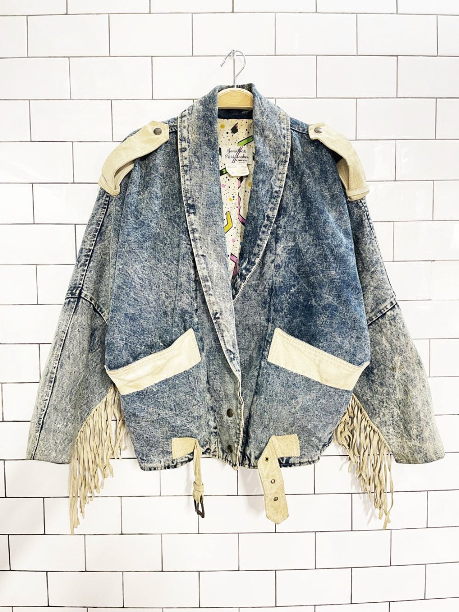 vintage 90s jonathan christopher suede fringe acid wash denim jacket - good market thrift store