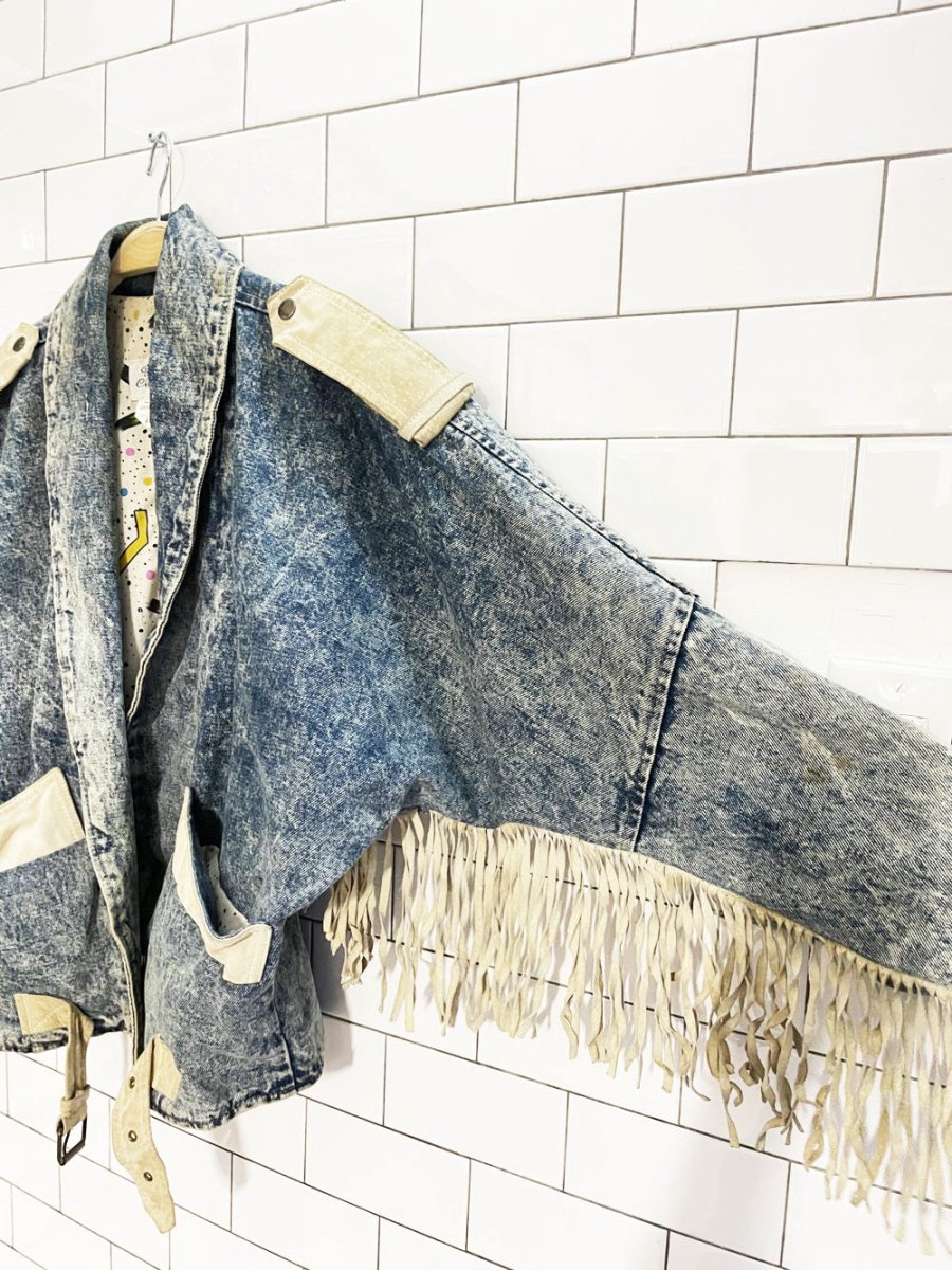 vintage 90s jonathan christopher suede fringe acid wash denim jacket - good market thrift store