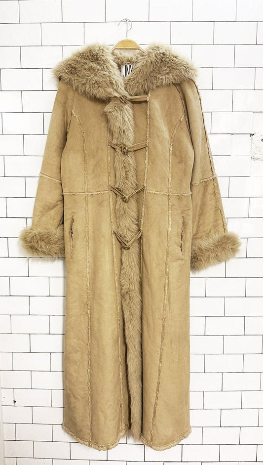 vintage 90s jones new york faux shearling hooded long toggle coat | penny lane - good market thrift store