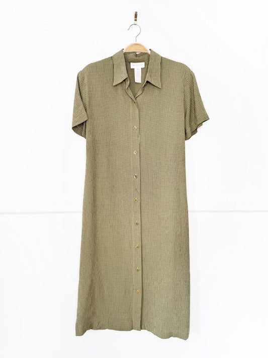 vintage 90s jones new york minimal plaid full button tie back maxi shirt dress - good market thrift store