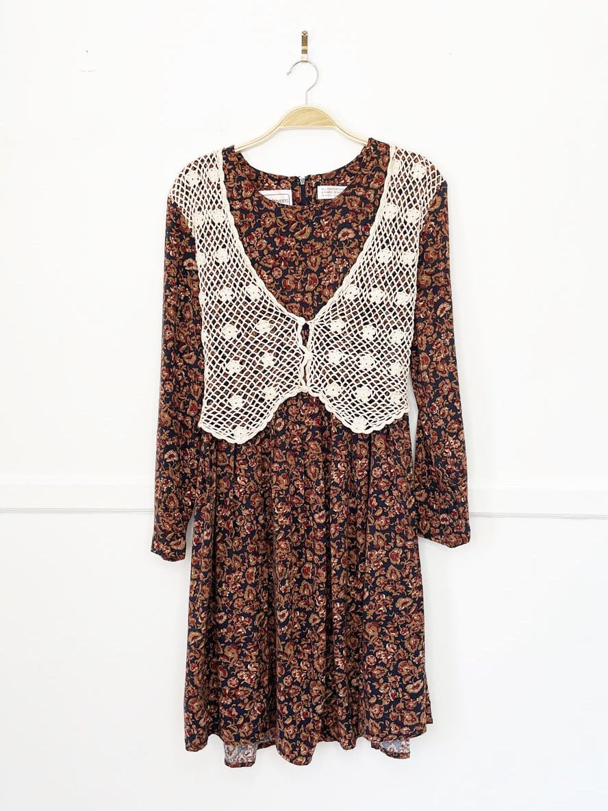 vintage 90s karin stevens crochet vest long sleeve floral midi dress - good market thrift store
