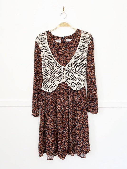 vintage 90s karin stevens crochet vest long sleeve floral midi dress - good market thrift store