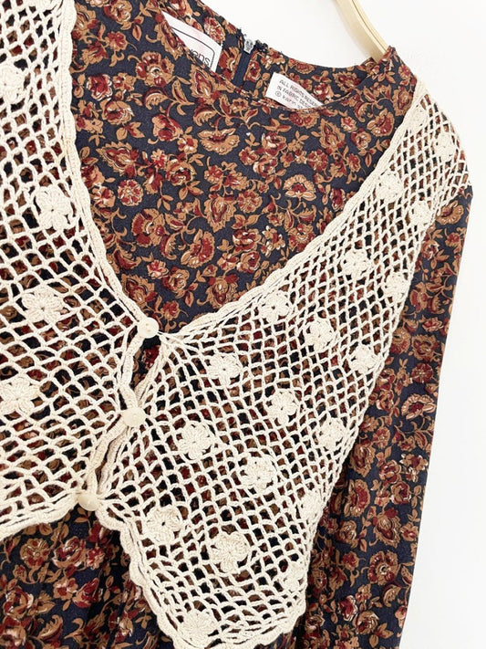 vintage 90s karin stevens crochet vest long sleeve floral midi dress - good market thrift store