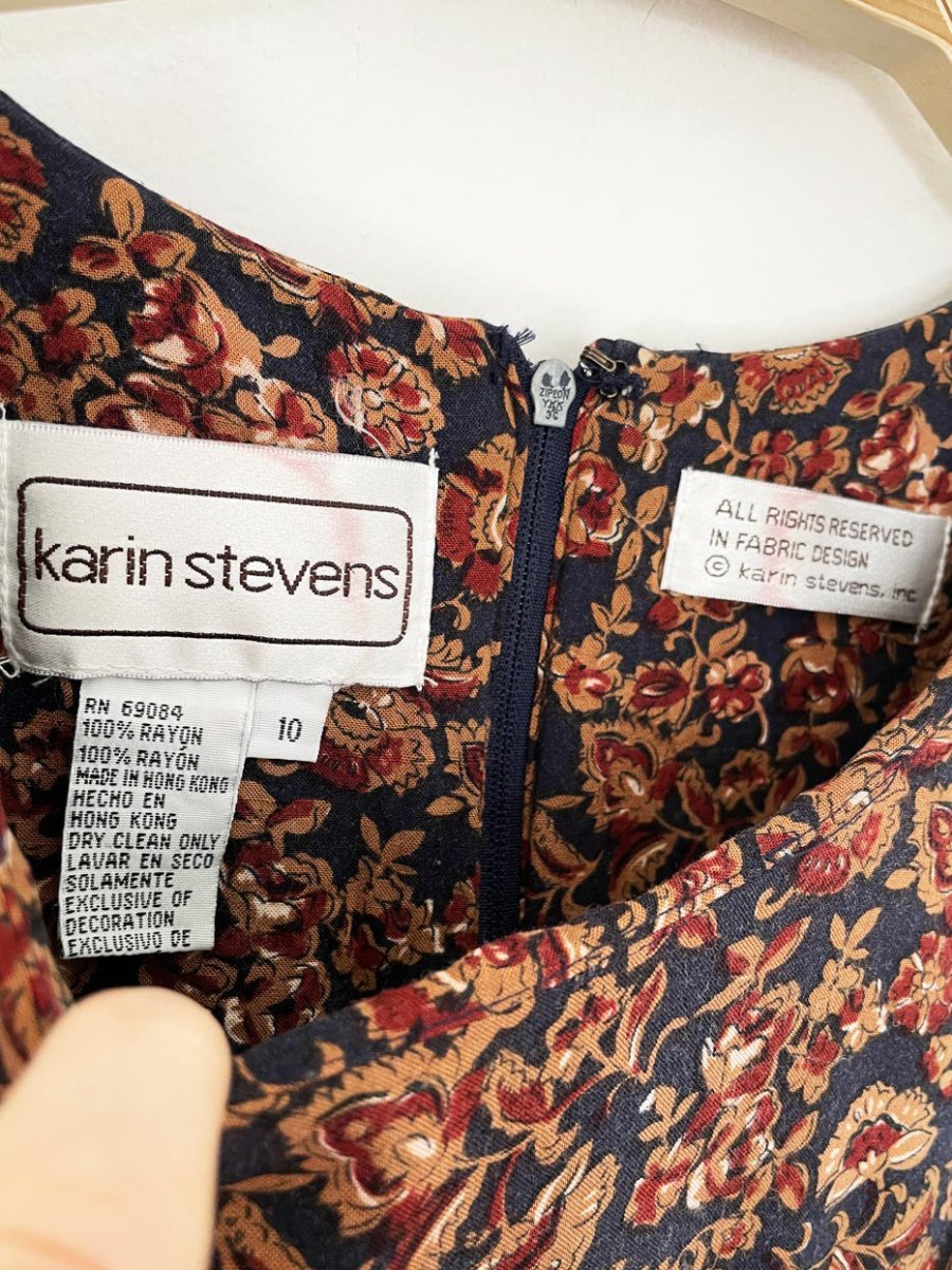vintage 90s karin stevens crochet vest long sleeve floral midi dress - good market thrift store