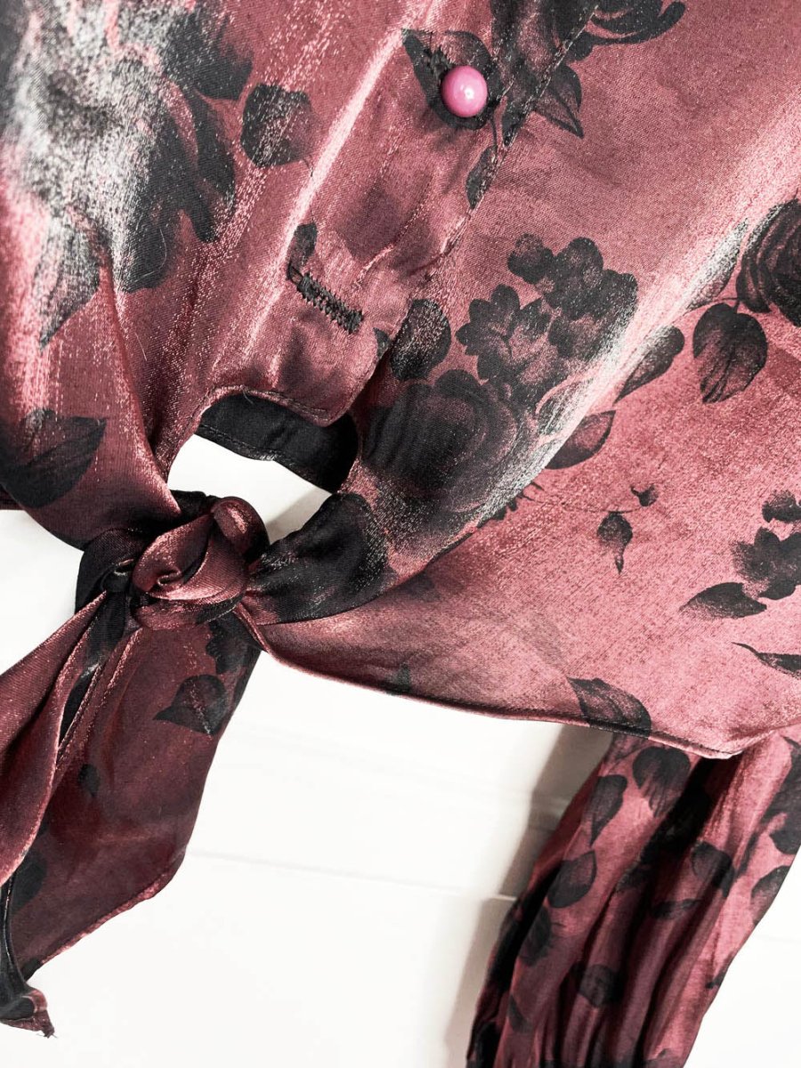 vintage 90s la belle floral metallic tie front cropped blouse | made in USA - good market thrift store