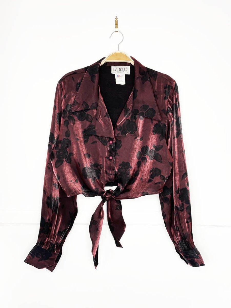 vintage 90s la belle floral metallic tie front cropped blouse | made in USA - good market thrift store