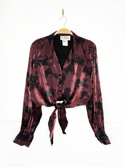 vintage 90s la belle floral metallic tie front cropped blouse | made in USA - good market thrift store