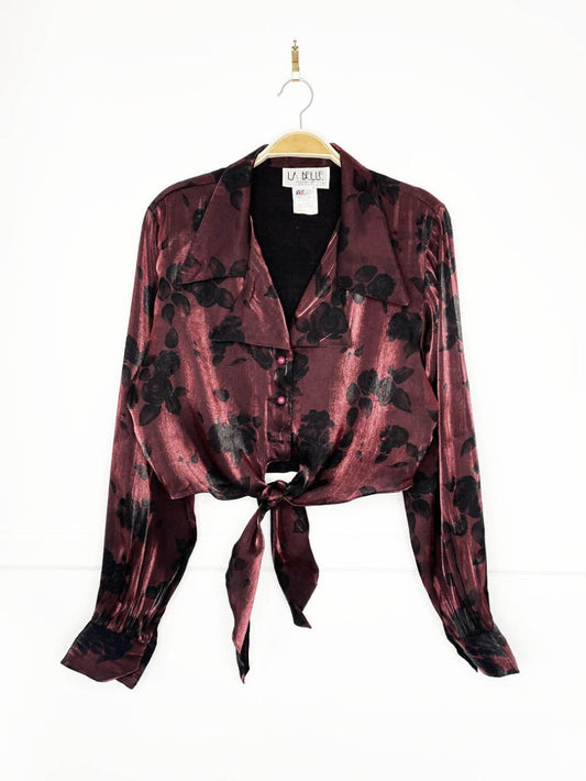 vintage 90s la belle floral metallic tie front cropped blouse | made in USA - good market thrift store