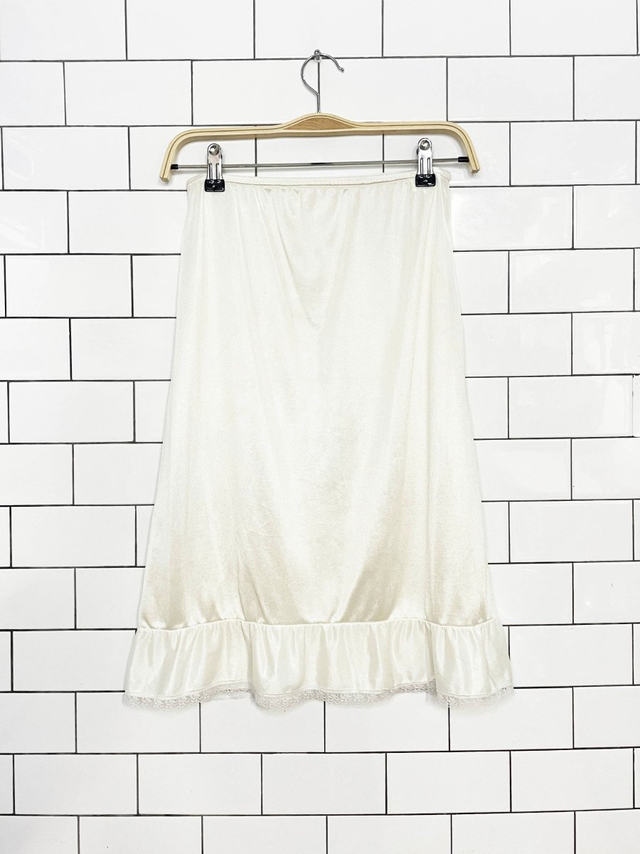 vintage 90s lace trim ruffle hem sateen slip midi skirt | made in USA - good market thrift store