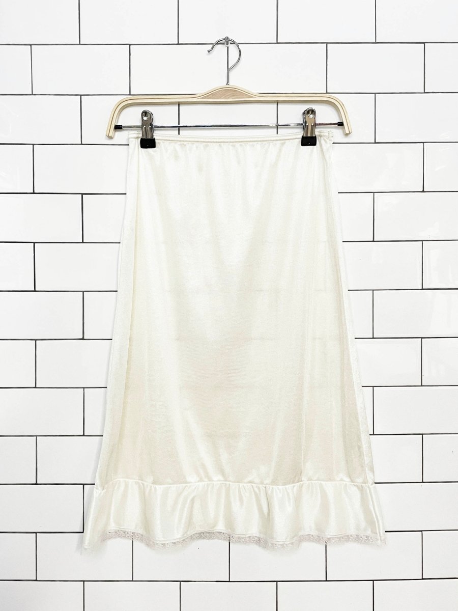 vintage 90s lace trim ruffle hem sateen slip midi skirt | made in USA - good market thrift store