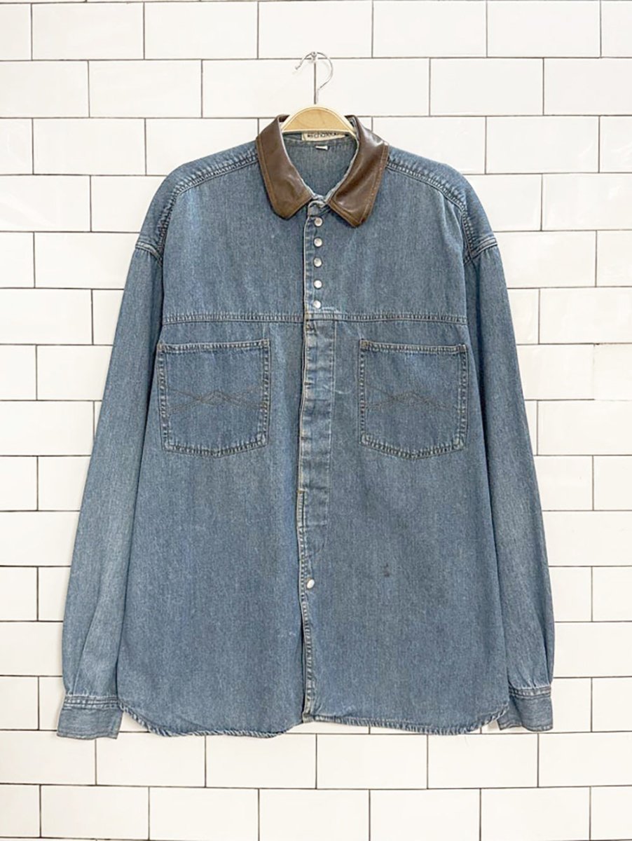 vintage 90s le chateau leather collar pearl snap button denim shirt - good market thrift store