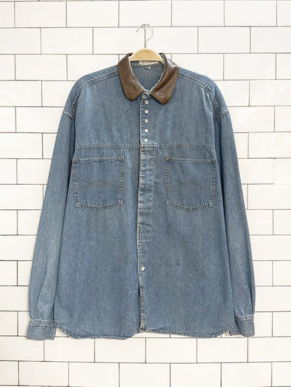 vintage 90s le chateau leather collar pearl snap button denim shirt - good market thrift store