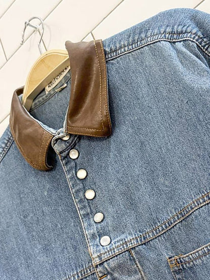 vintage 90s le chateau leather collar pearl snap button denim shirt - good market thrift store