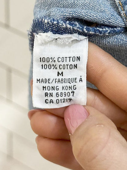 vintage 90s le chateau leather collar pearl snap button denim shirt - good market thrift store