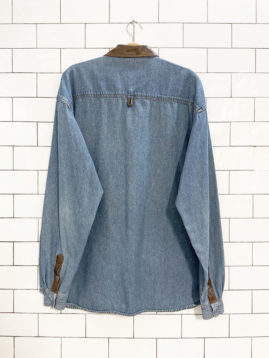 vintage 90s le chateau leather collar pearl snap button denim shirt - good market thrift store