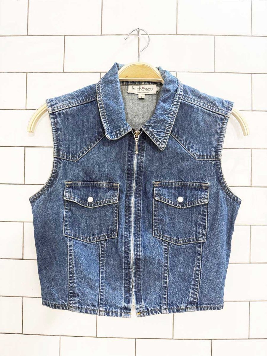 vintage 90s le chateau minimal zip cropped denim vest | made in Canada - good market thrift store