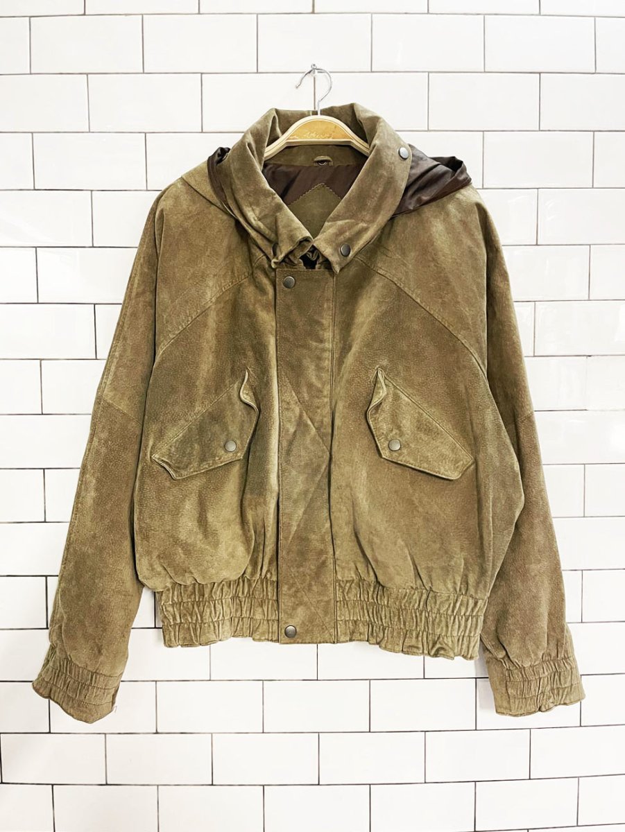 vintage 90s le chateau suede hooded bomber jacket | leather - good market thrift store