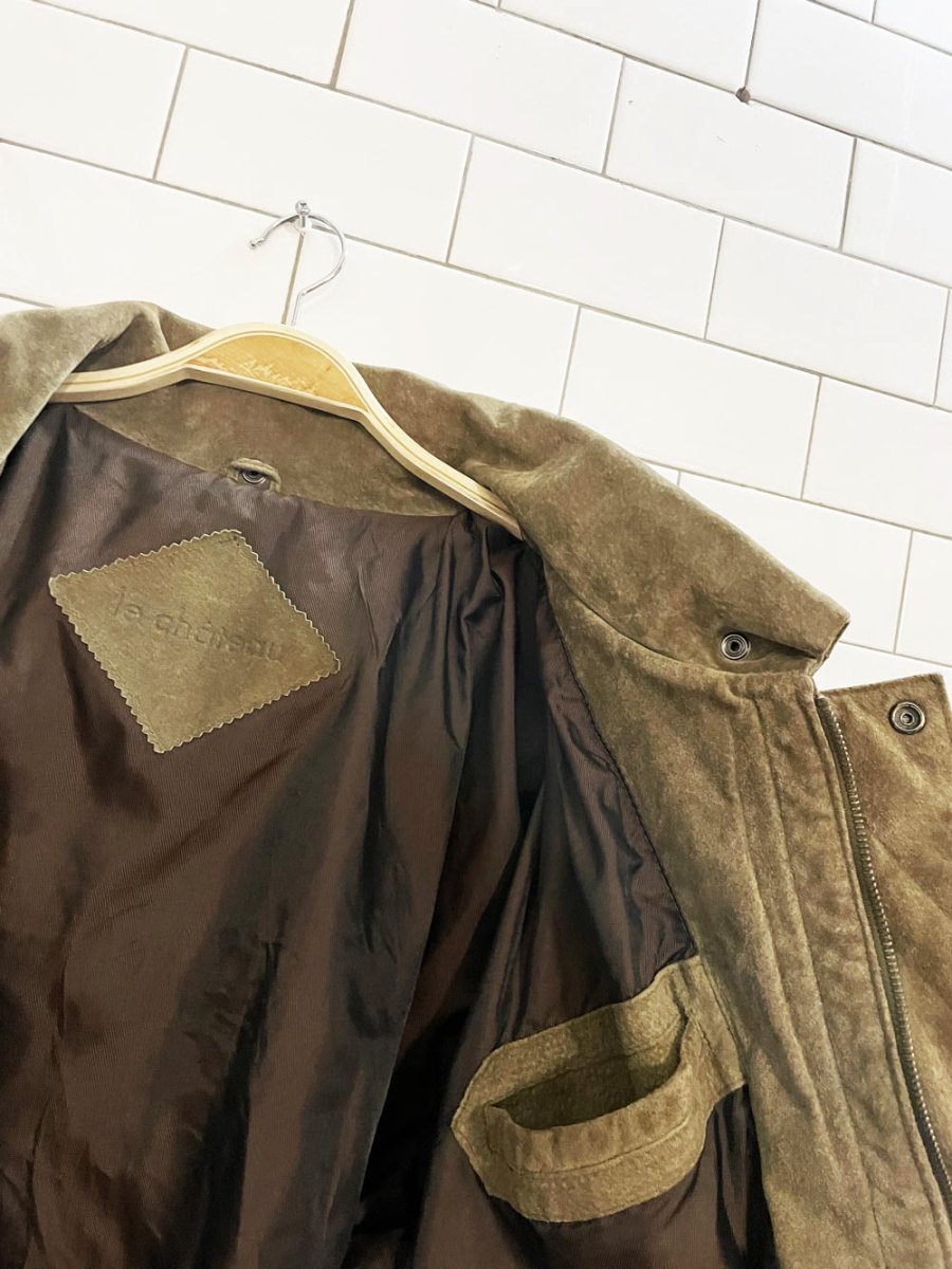 vintage 90s le chateau suede hooded bomber jacket | leather - good market thrift store