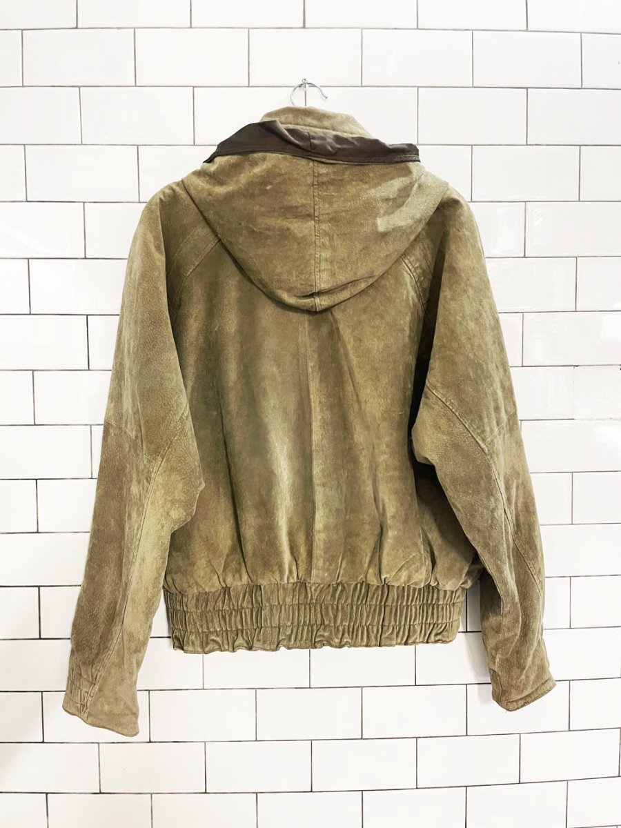 vintage 90s le chateau suede hooded bomber jacket | leather - good market thrift store